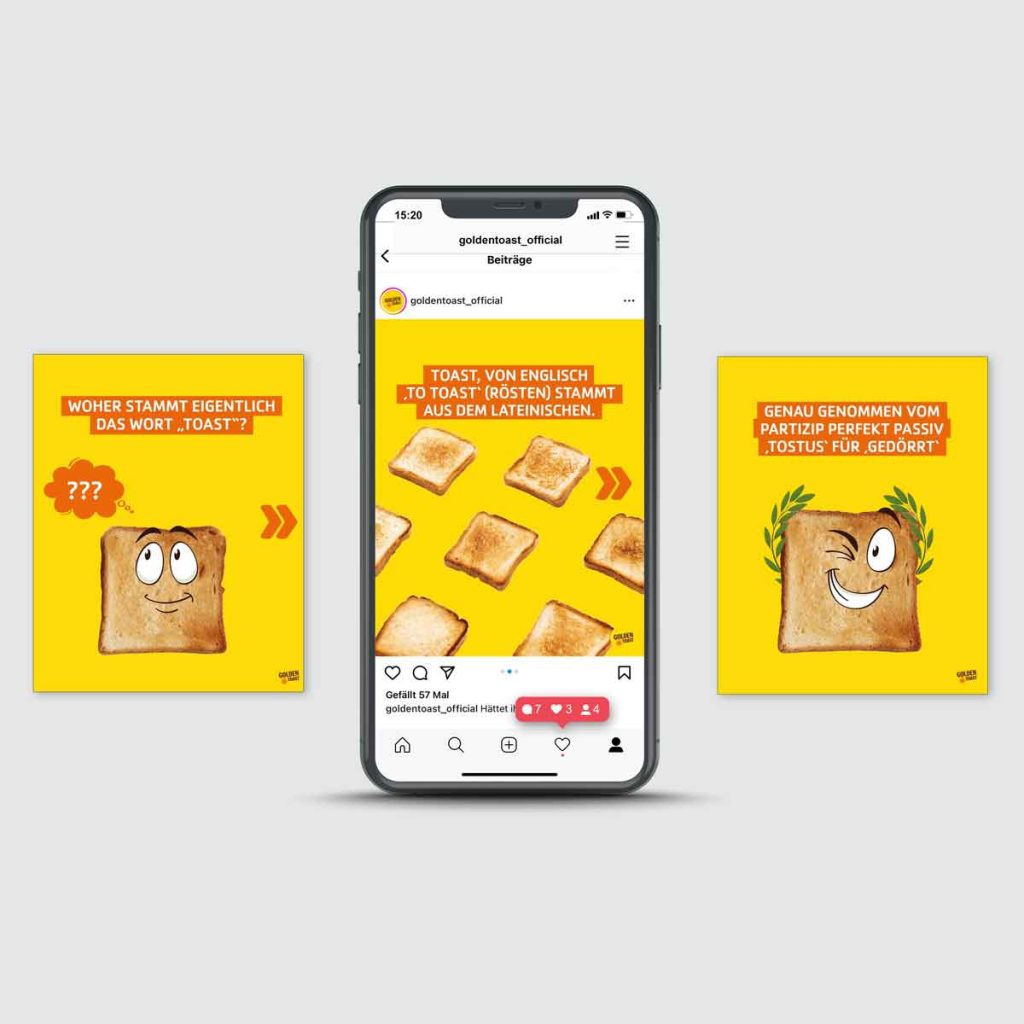 Ein Mockup von einem Handy mit einem Posting von Golden Toast als Inhalt. Es sind Toastbrote zu sehen.