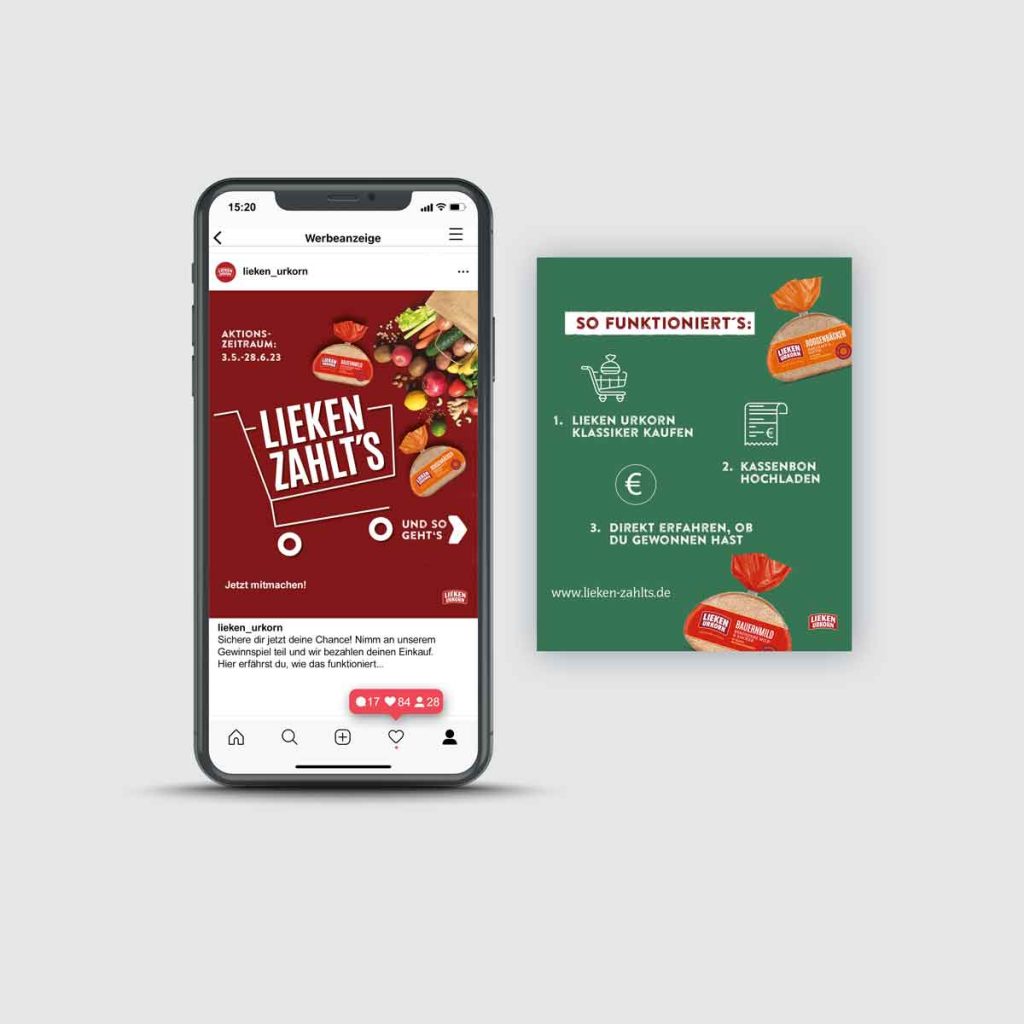 Ein Mockup von einem Handy mit einer Werbeanzeige von Lieken Urkorn als Inhalt. Es ist darauf ein illustrierter Einkaufswagen zu sehen und eine Tüte mit Obst und Gemüse.